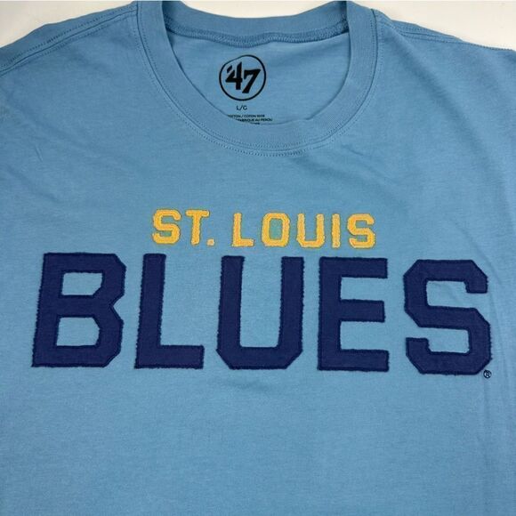 ST. LOUIS BLUES Hockey Light Blue Appliqué Logo Short Sleeve T-Shirt Sz L - Picture 3 of 6
